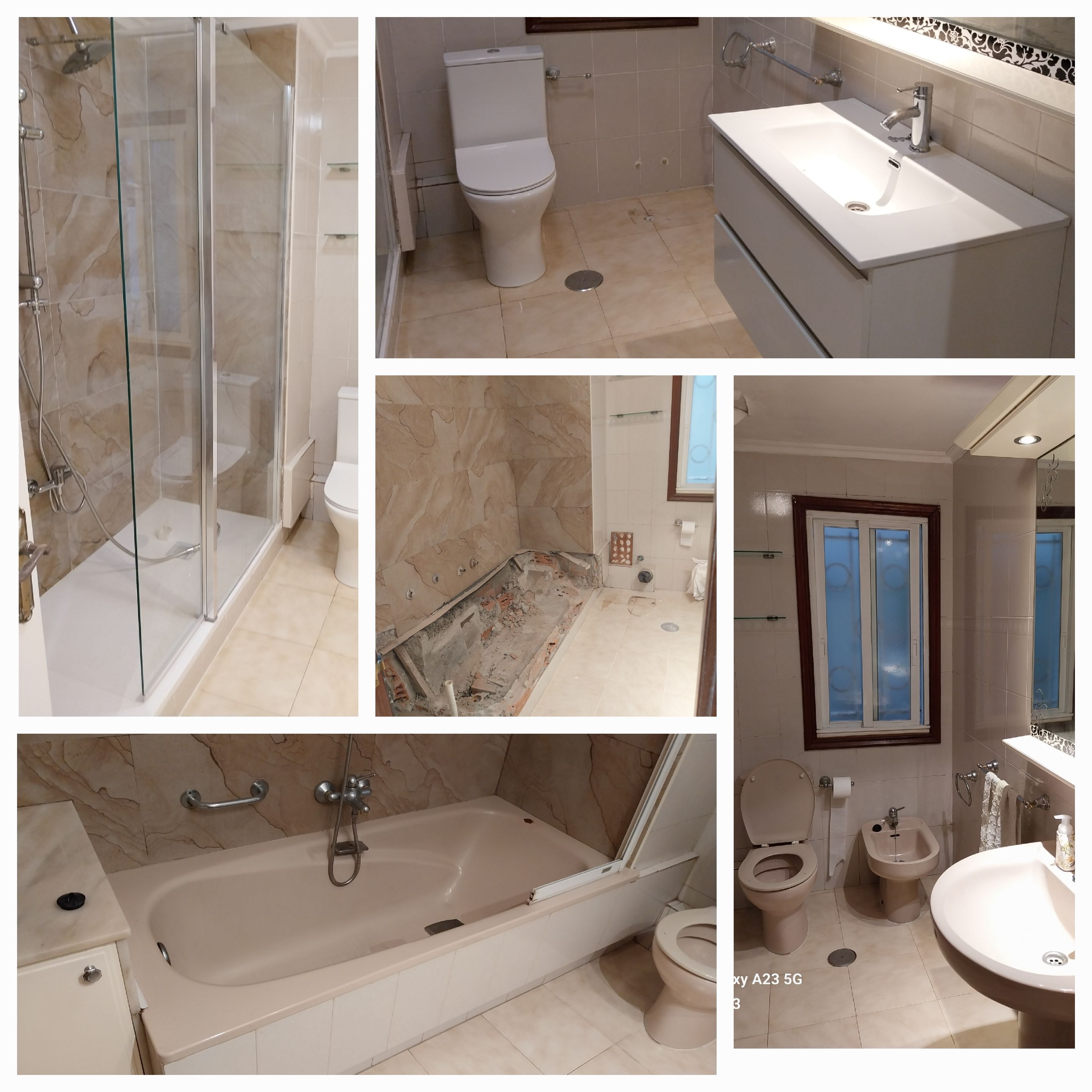 Cambio de bañera por plato de ducha y mampara fija y bater y lavado.