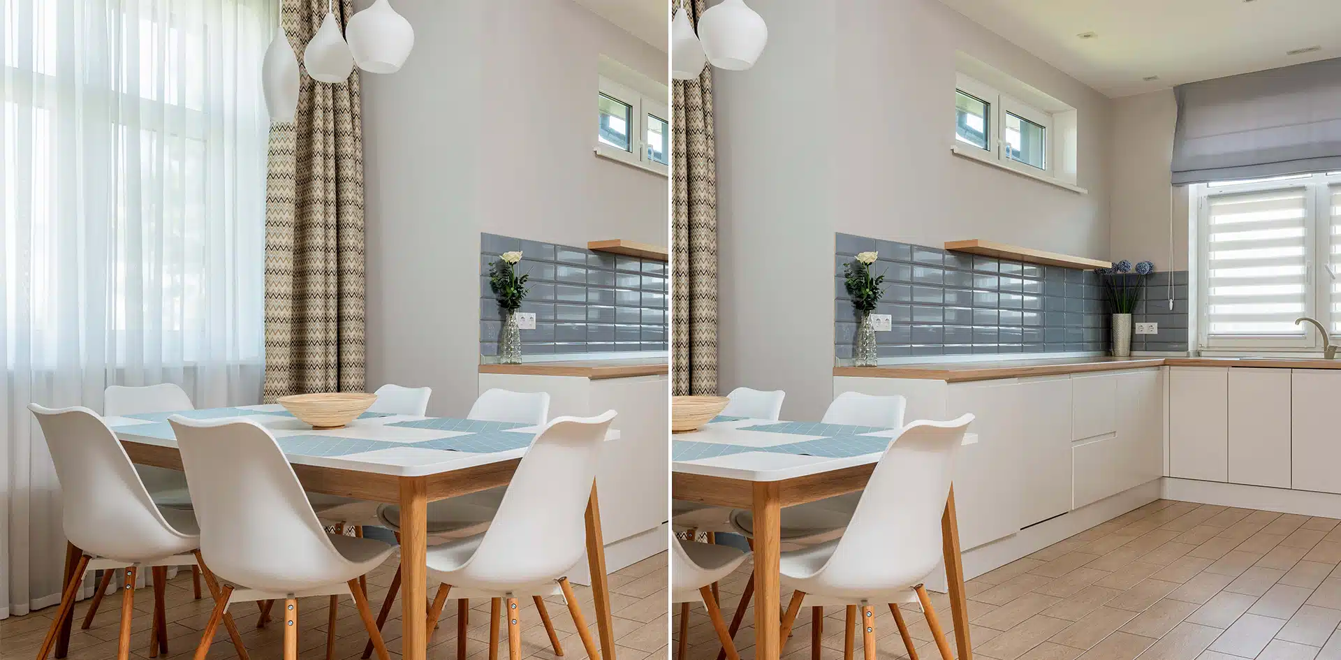 Mesa de comedor con cocina abierta al fondo