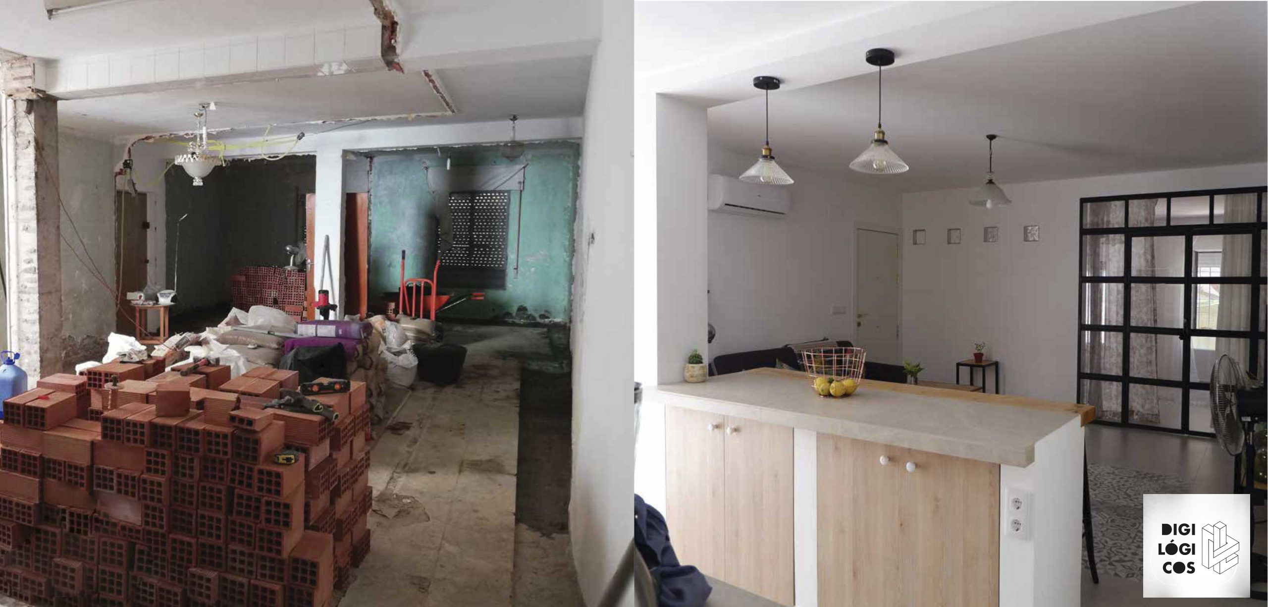 Salón con cocina integrada y cierre industrial