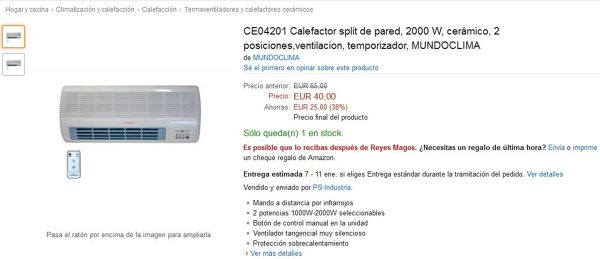 Calefactor split de pared, 2000 W, cerámico, 2 posiciones,ventilacion, temporizador