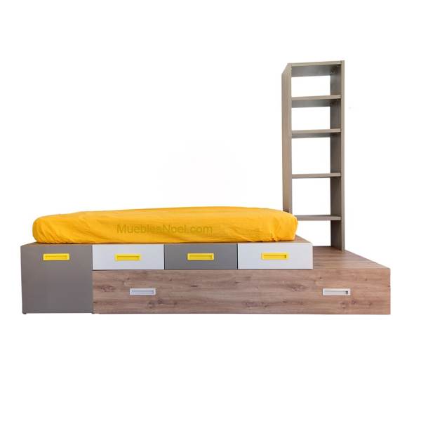 Cama nido Tatami con cajón, encima tres cajones y librería y a un lado un arcón.