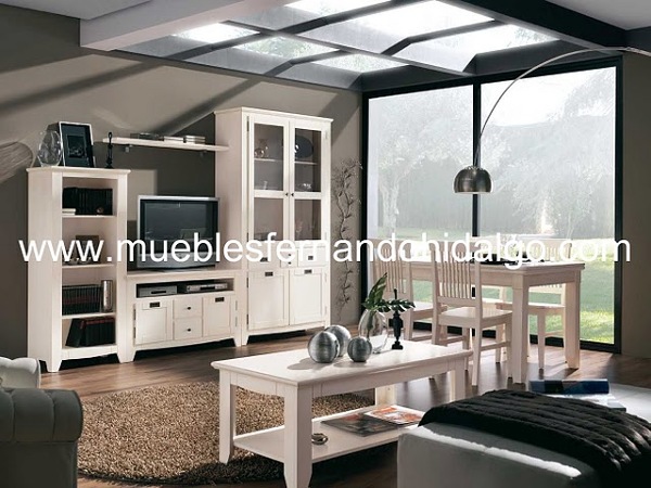 Composición salón estar ocean pino macizo blanco glaseado.