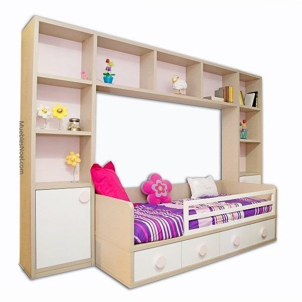 dormitorio puente juvenil Decor en colores Rosa, Blanco y Beige.