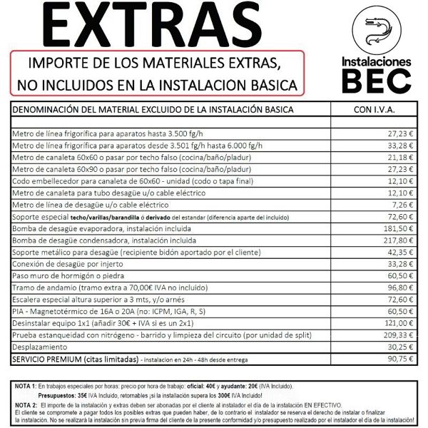 Instalación de aire acondicionado - EXTRAS de instalación - Instalaciones BEC