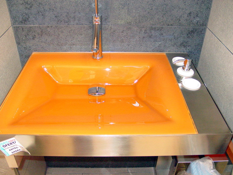 LAVABO DE CRISTAL NARANJA CON SOPORTE
