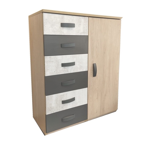 Mueble con puerta y cajones.