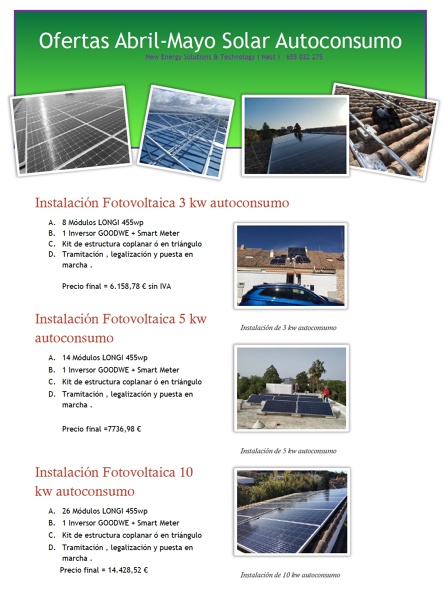 Oferta Instalaciones Fotovoltaica de 3 , 5 y 10 kw