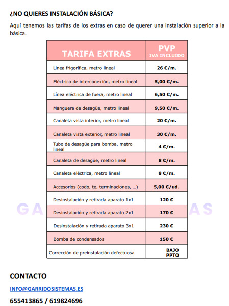 Precios de los extras
