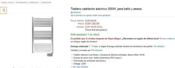 Toallero calefactor electrico 300W, para baño y aseos