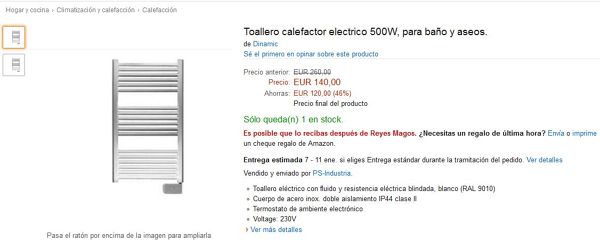 Toallero calefactor electrico 500W, para baño y aseos
