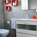 Baño microcemento estante rojo