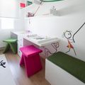 Zona de estudio con taburetes de colores
