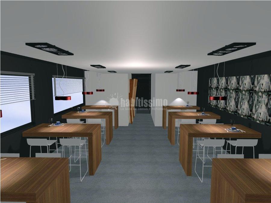 Cocina, bancos, taburetes y barra de un nuevo restaurante