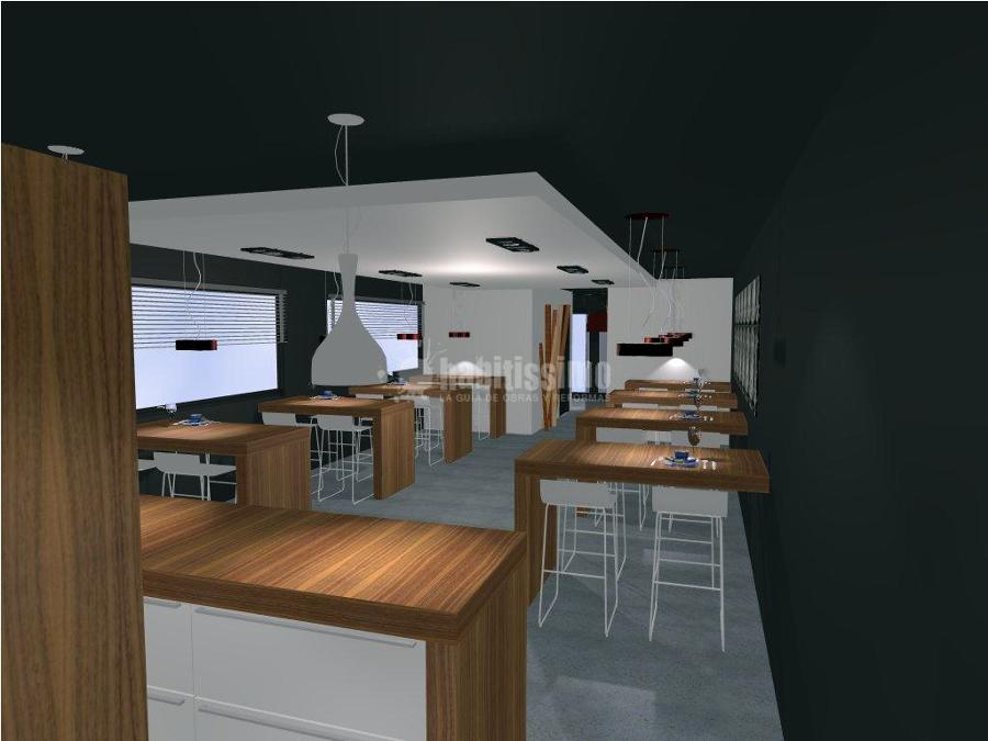 Cocina, bancos, taburetes y barra de un nuevo restaurante