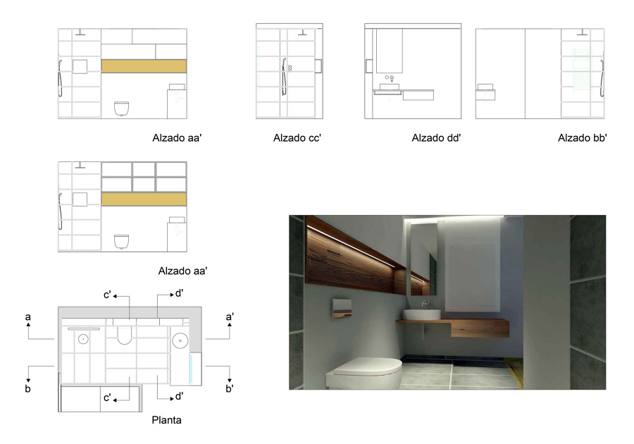 Alzados y render de la zona de baño
