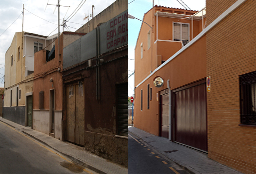 Antes y después de fachada lateral edificio rehabilitado