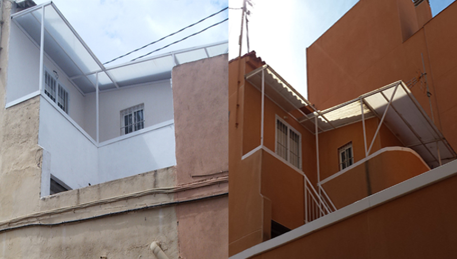 Antes y después de fachada posterior de edificio rehabilitado