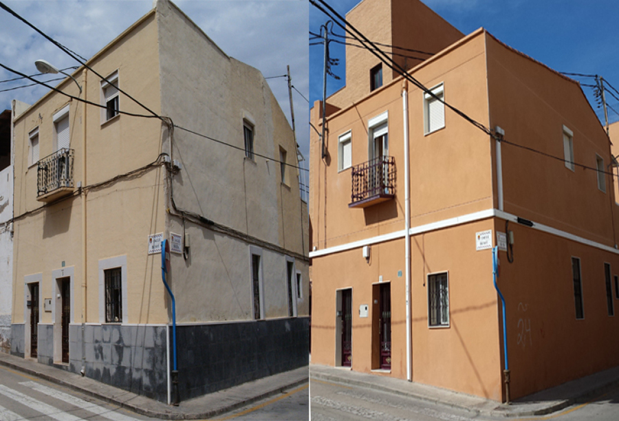 Antes y después de fachada principal de edificio rehabilitado