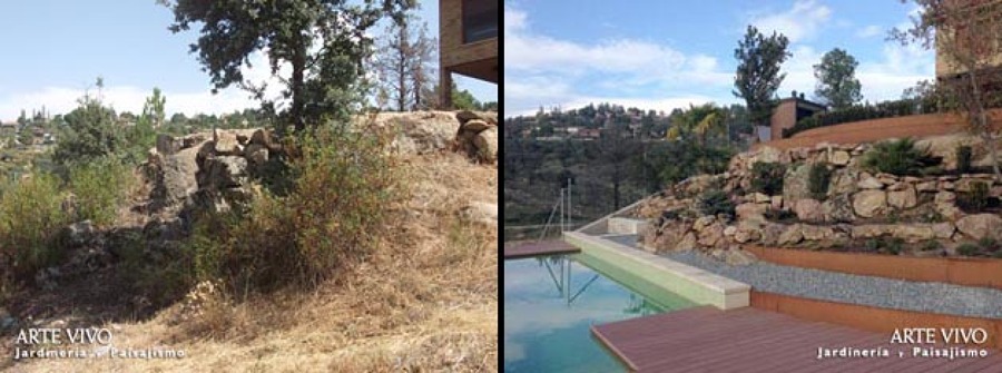 Antes y después > Zona de la Piscina, con TARIMA TECNOLÓCICA, ACERO CORTEN y ROCALLA
