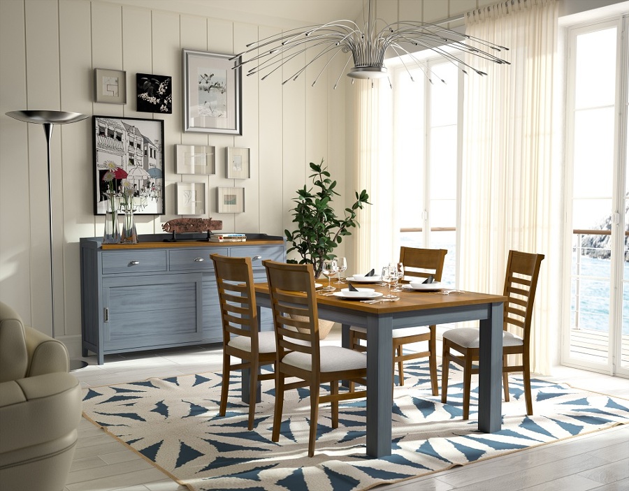 Azul y madera aparador.