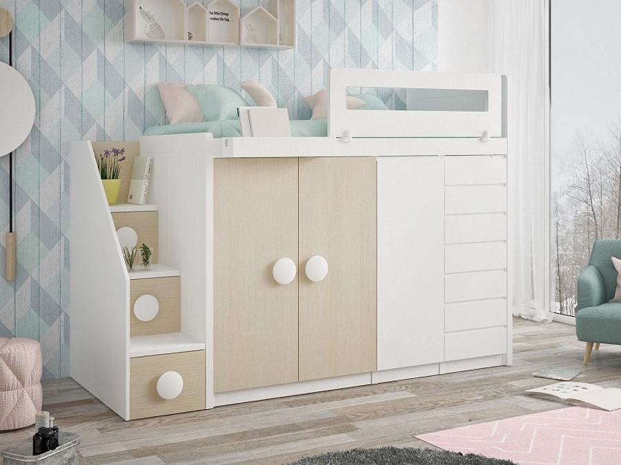 Cama alta con armario debajo de Noel.