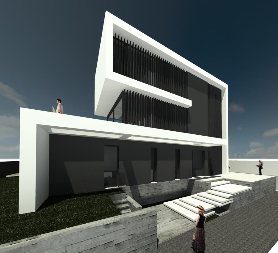 Fachadas de la entrada con escalera de diseño, intercala ventanales y volúmenes