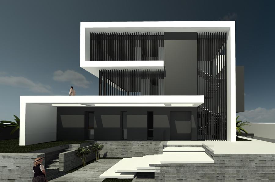 Fachadas de la entrada que intercala ventanales y volúmenes en hormigón