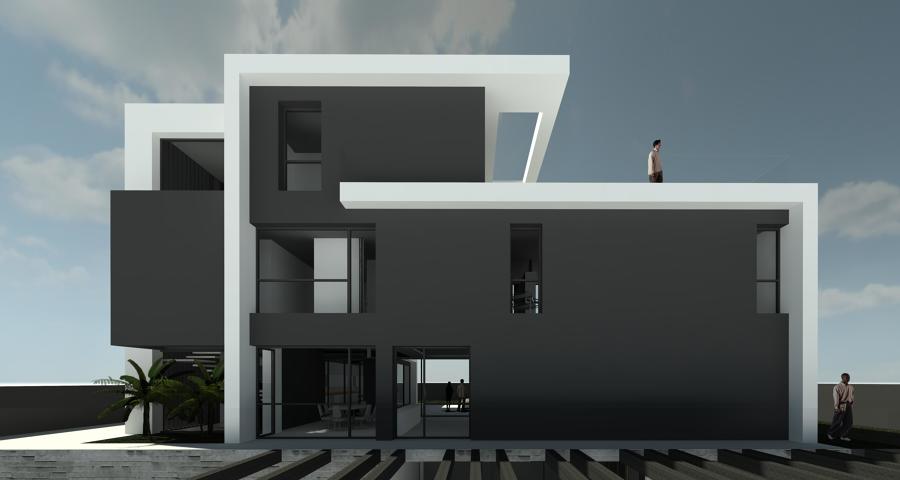 Fachadas de la entrada que intercala ventanales y volúmenes en hormigón