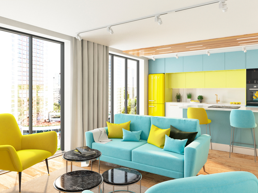 Cocina Azul con Amarillo abierta al Salon