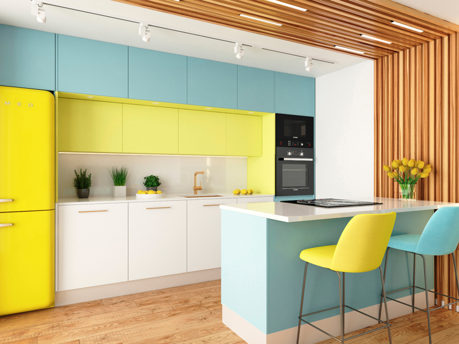 Cocina Azul con Amarillo abierta al Salon