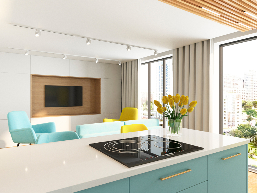 Cocina Azul con Amarillo abierta al Salon