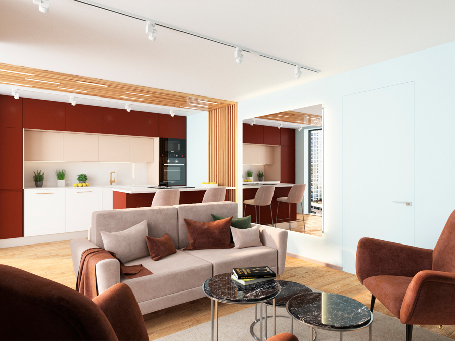 Cocina Blanca con Marron abierta al Salon