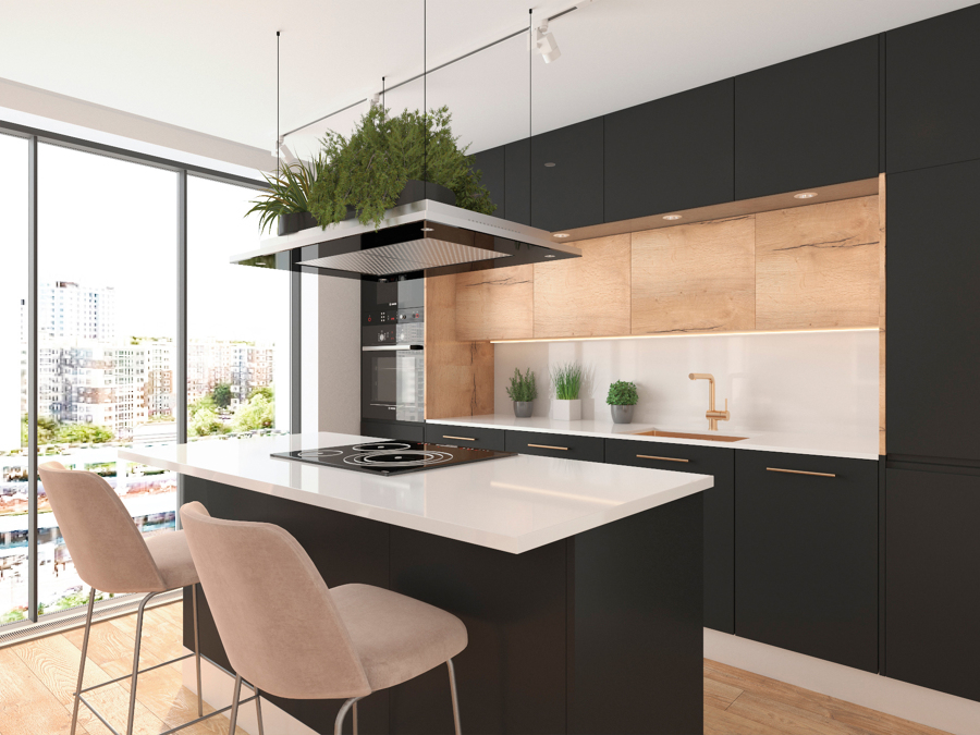 Cocina Negra con Madera abierta al Salon