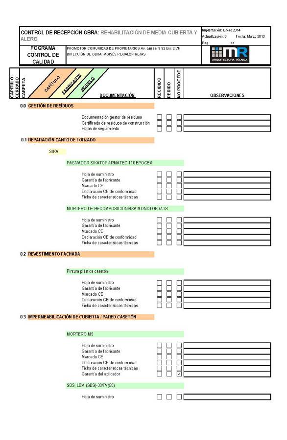 Control de recepción en obra