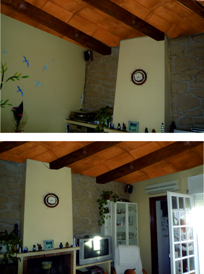 Decoració de bigues d´acer amb bigues de fusta i revoltó