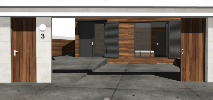 Detalle de las puertas de acceso y habitación de servicio en planta baja.