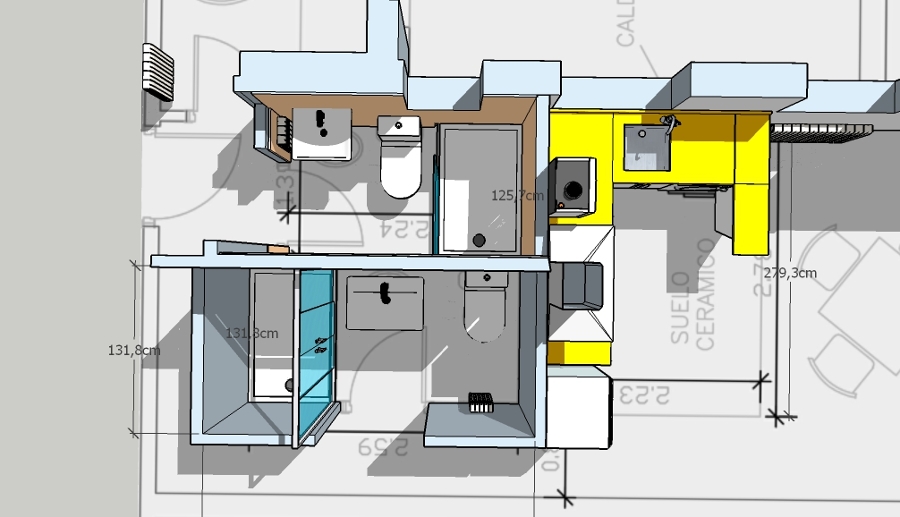 DETALLE DE NUCLEO DE ASEOS Y COCINA AMERICANA