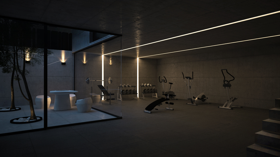 Diseño de gimnasio con estilo minimalista. Iluminado