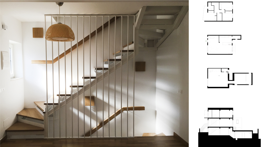 Escalera metálica con huellas de madera