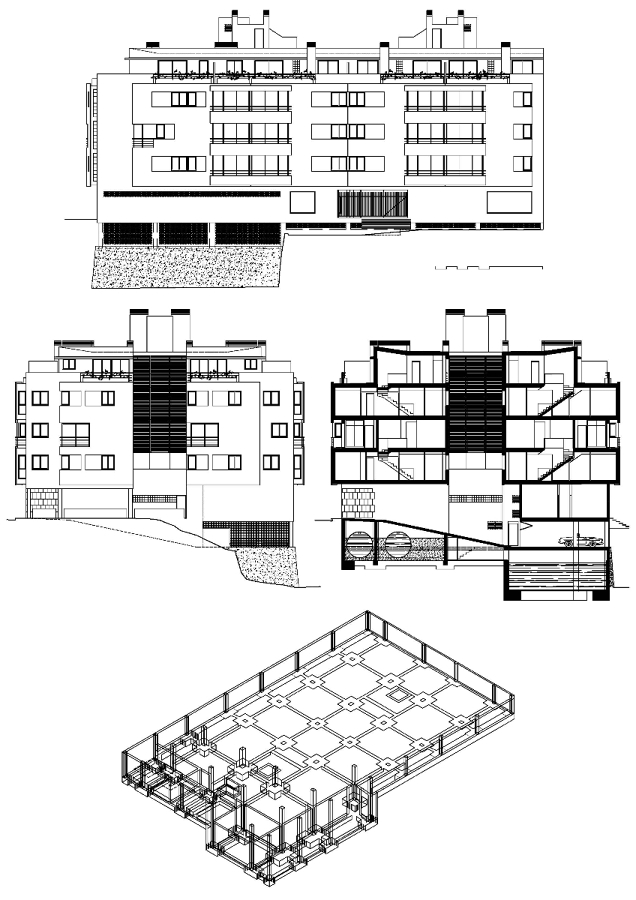 FACHADA POSTERIOR, LATERAL Y SECCIÓN