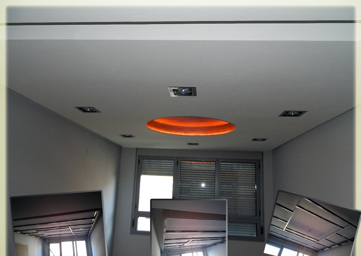 Falso techo de pladur con cupula empapelada y tiras de led