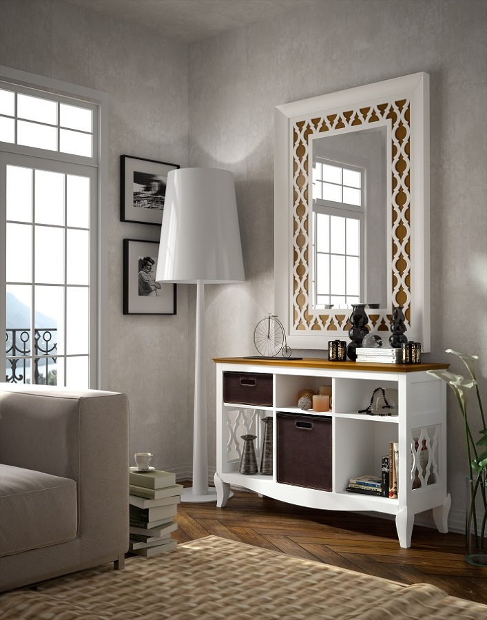 Impresionante espejo celosía, auxiliar bucks piel.