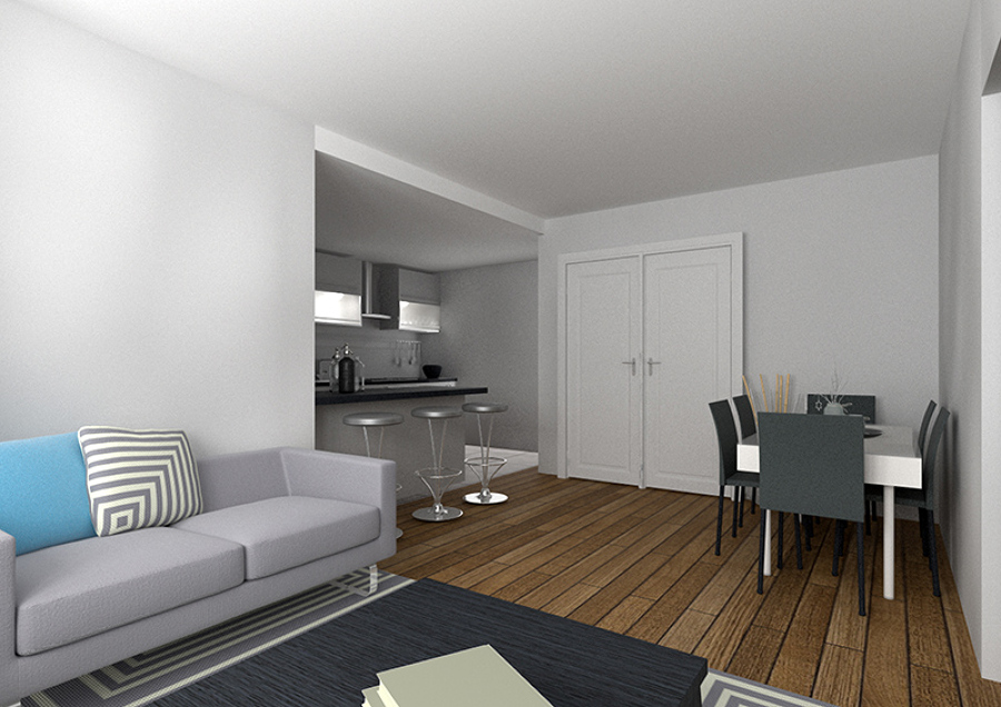 Infografía 3D del espacio del salón