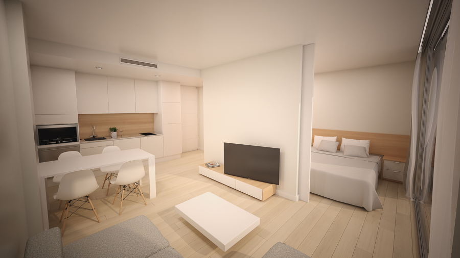 Infografía interior apartamento Residencia de Estudiantes