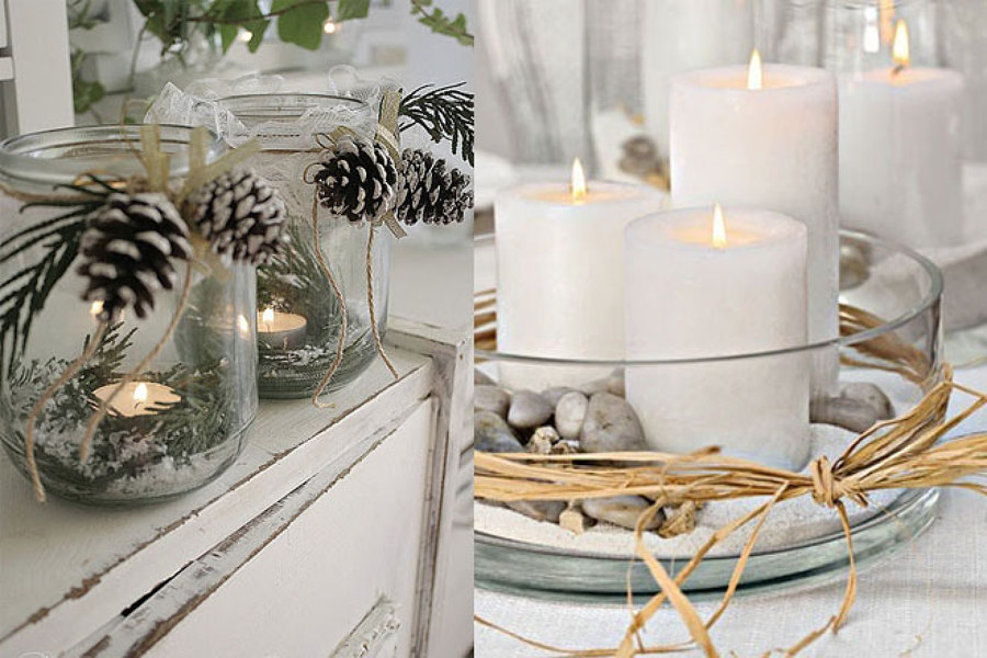 Mezcla de tarros, piñas, piedras y velas