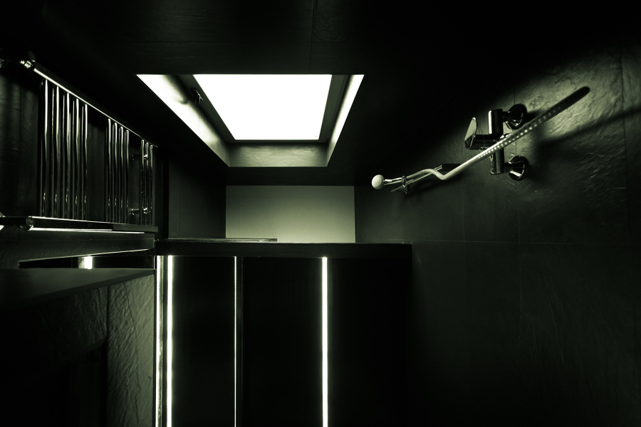 Baño. Vista hacia el techo de la ducha. Doble altura.