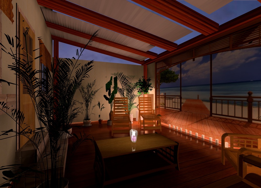 patio con fotomural, de noche