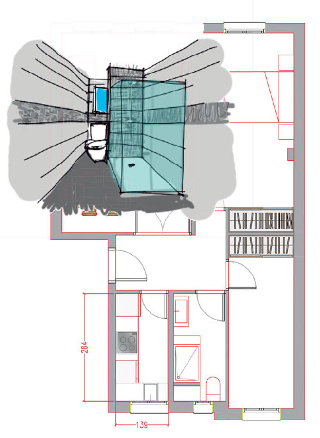 Plano de la vivienda con detalle de diseño del baño