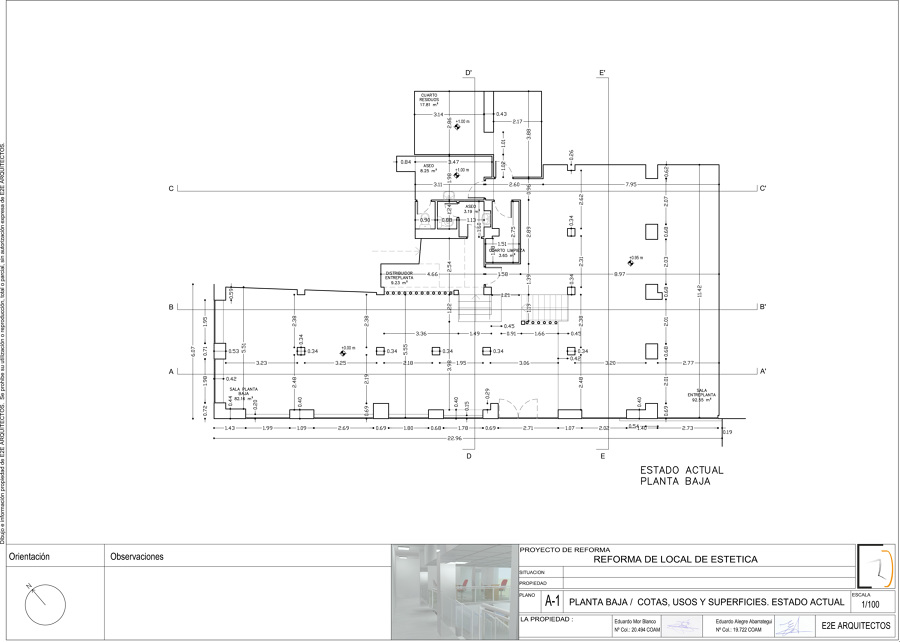 Planta baja/cotas, usos y superficies. Estado actual