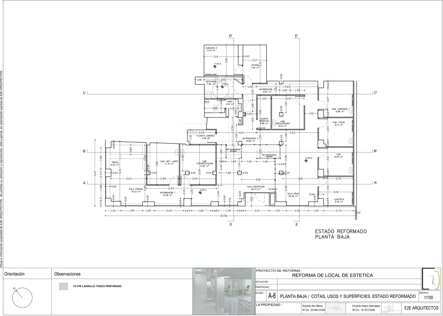 Planta baja/cotas, usos y superficies. Estado reformado